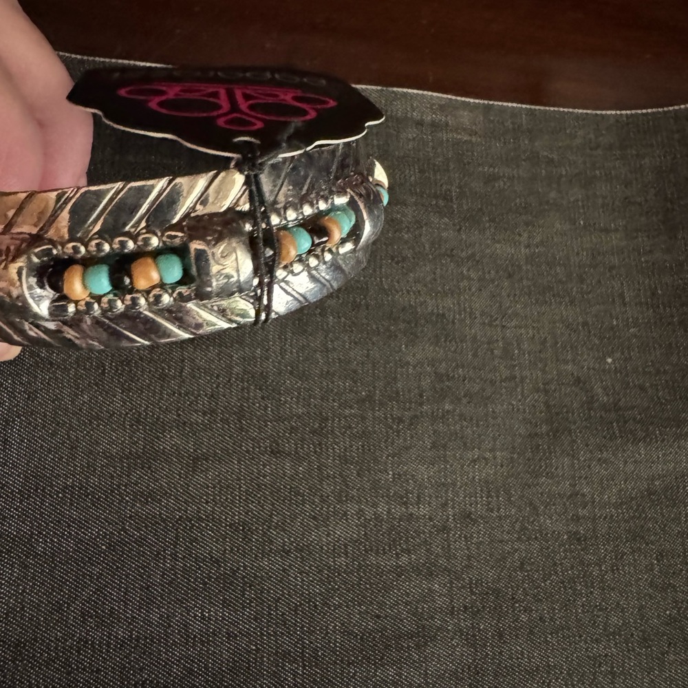 Silver and Gold Feather Bracelet with Turquoise Beads
